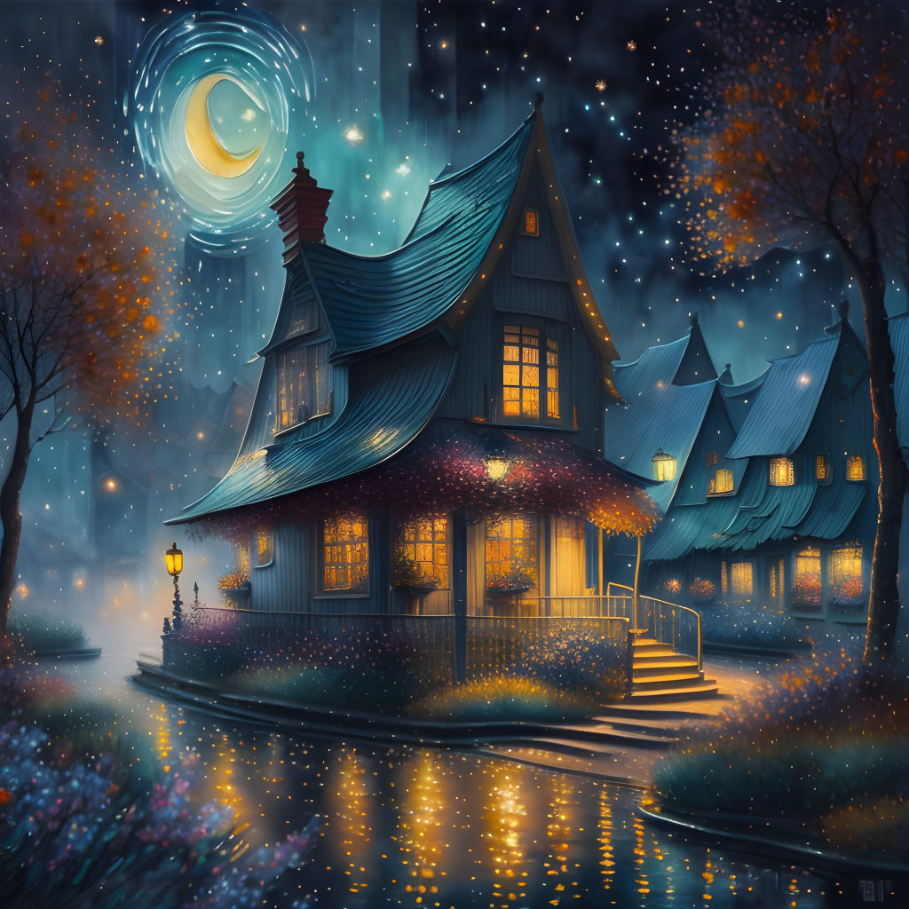 Glowing starry night scene with crescent moon over cozy house by river