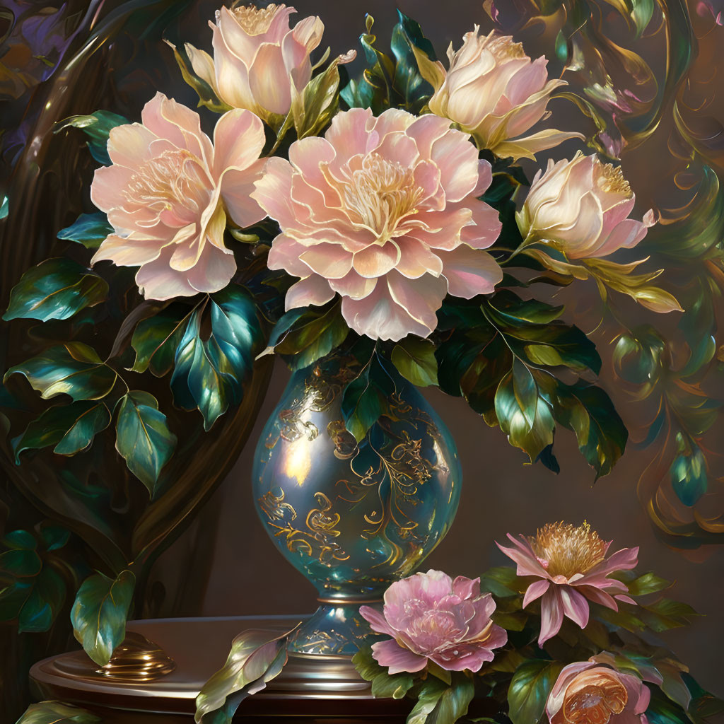 Ornate vase with pink peonies and green foliage on reflective surface