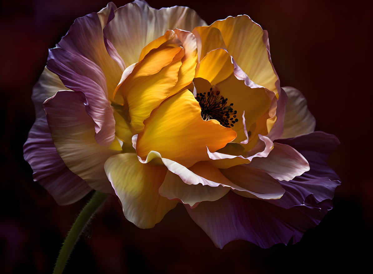 Colorful close-up of yellow and purple flower petals on dark backdrop