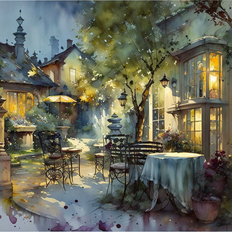 Vibrant watercolor of warmly lit cafe with blooming flowers