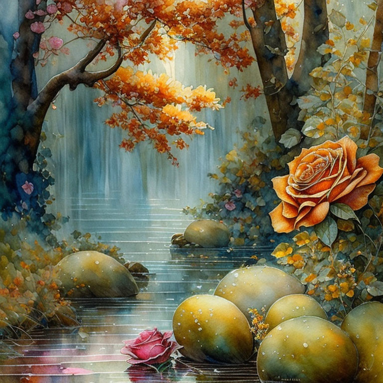 Serene waterfall scene with autumn trees and orange rose in foreground