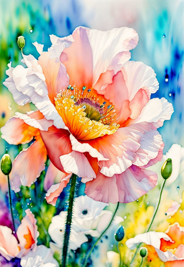 Colorful Watercolor Painting of Pink and Orange Poppy with Floral Background