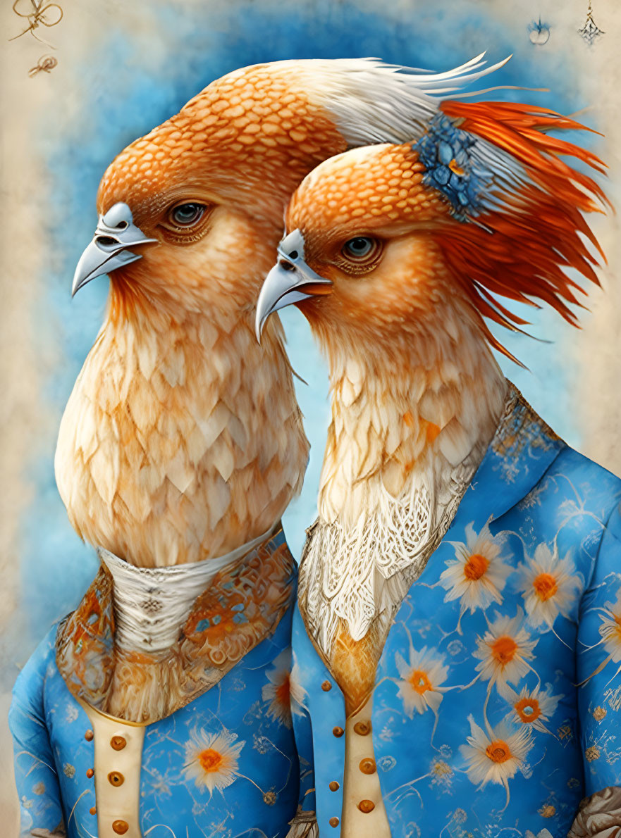 Stylized birds in period clothing on textured background