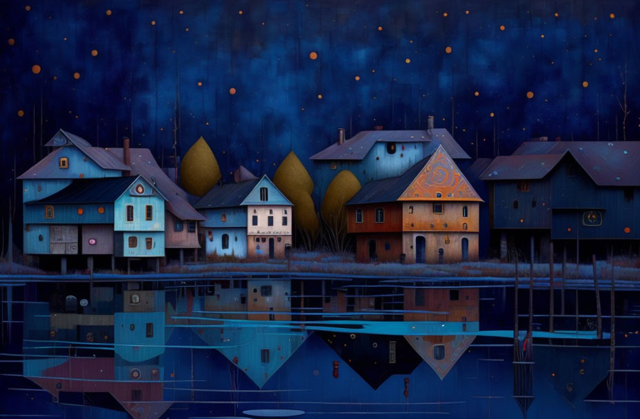 Tranquil village illustration: colorful houses, starry night, glowing orbs