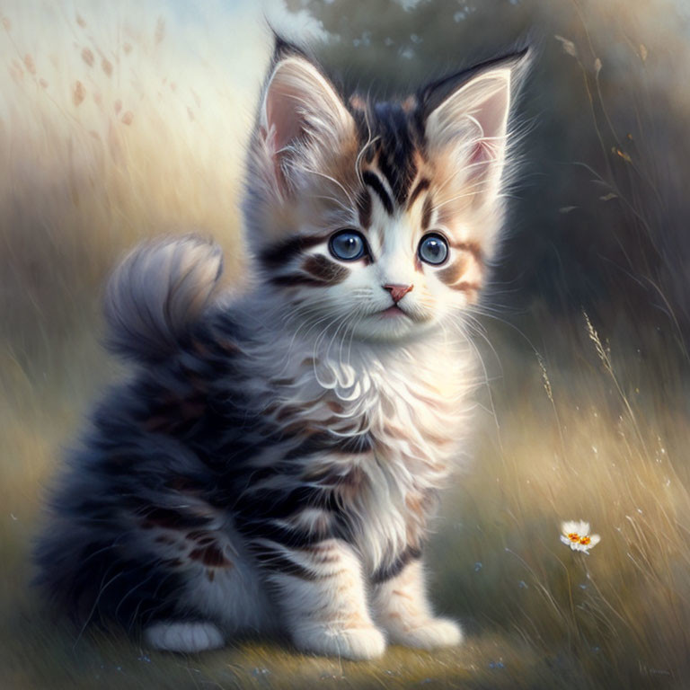 Fluffy tabby kitten with blue eyes in field with white flower