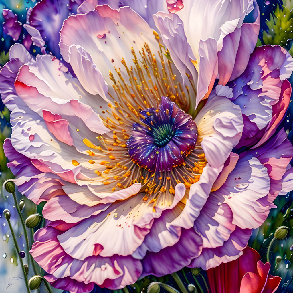 Colorful close-up of pink and white flower with dew drops and greenery