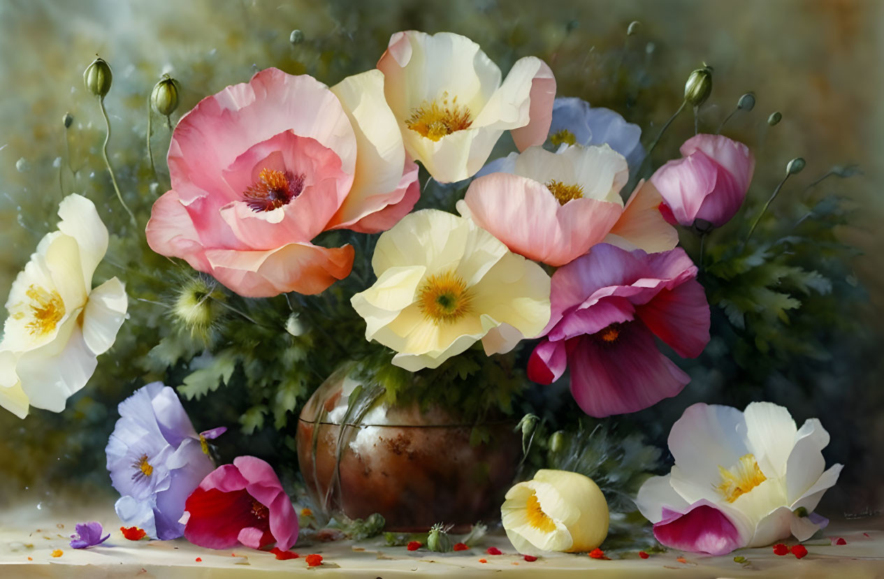 Colorful flower arrangement with poppies and pansies in glass vase