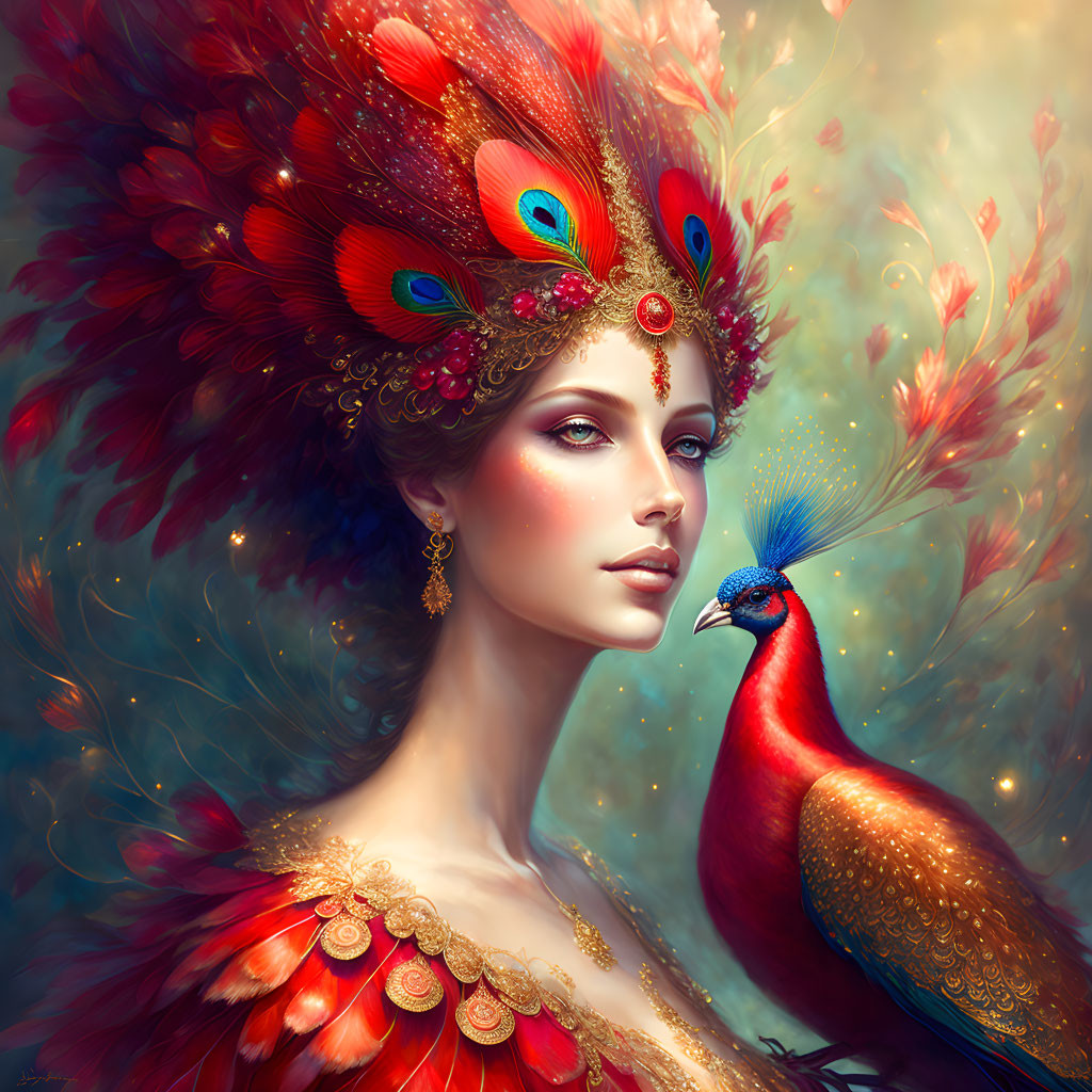 Fantastical portrait of woman with peacock feathers and live bird in colorful setting