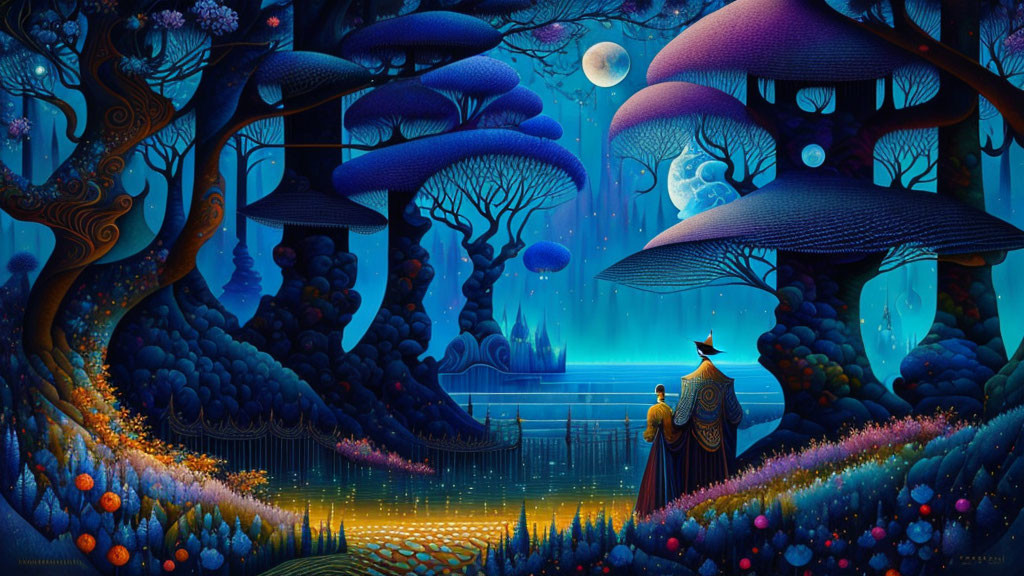 Fantastical night landscape with oversized mushroom-like trees and glowing moon.