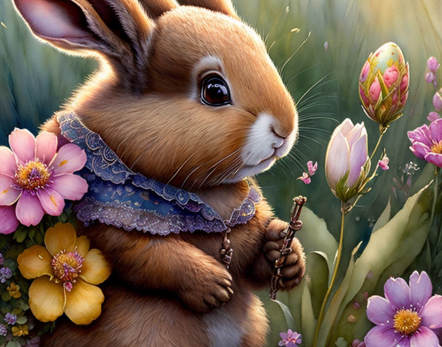 Brown rabbit with lace collar painting among pink and yellow flowers