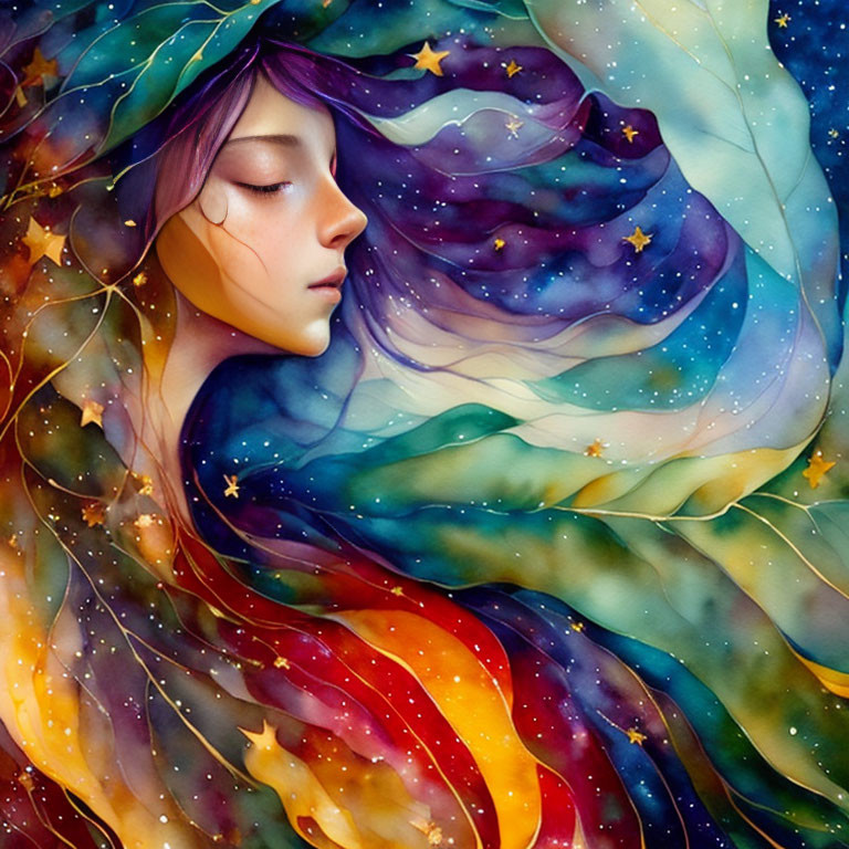 Vibrant illustration of woman with galaxy hair in cosmic night sky