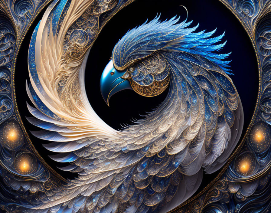 Stylized blue and gold phoenix digital artwork on ornamental dark background