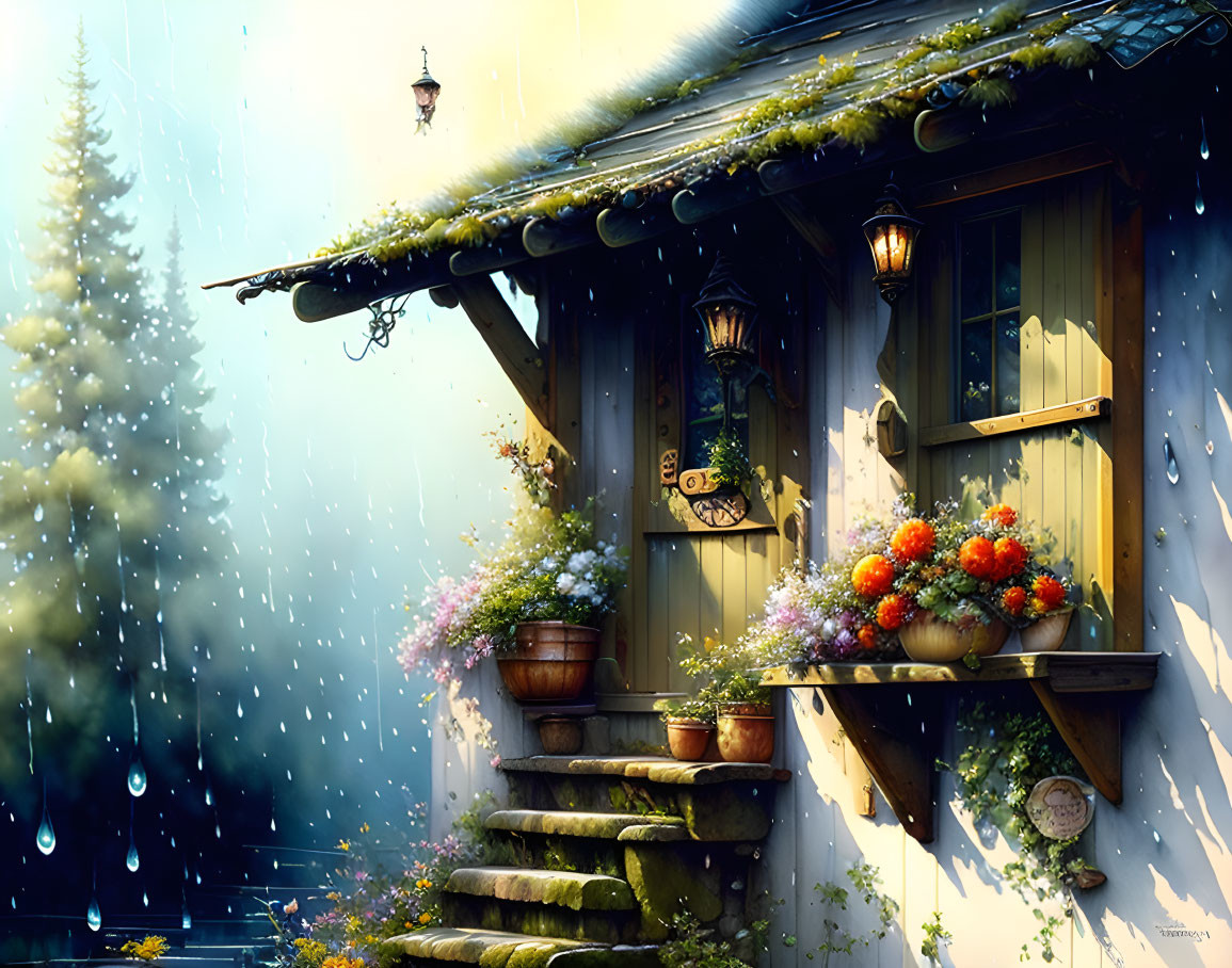 Cozy cottage with flower boxes and lanterns in a snowy forest