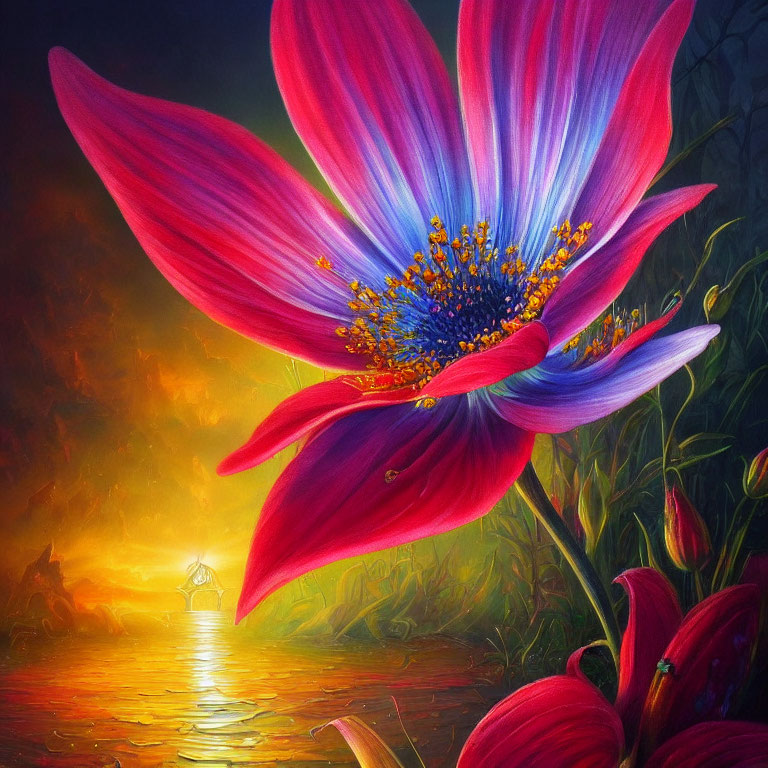 Vivid pink flower against mystical sunset backdrop