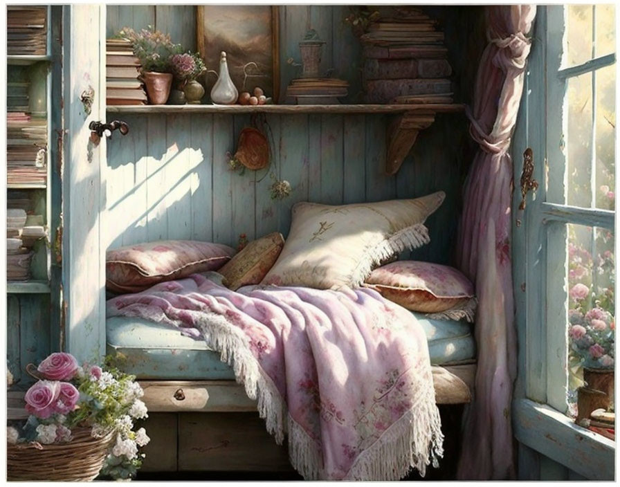 Cozy Rustic Nook with Cushions, Blanket, Flowers, and Vintage Decor