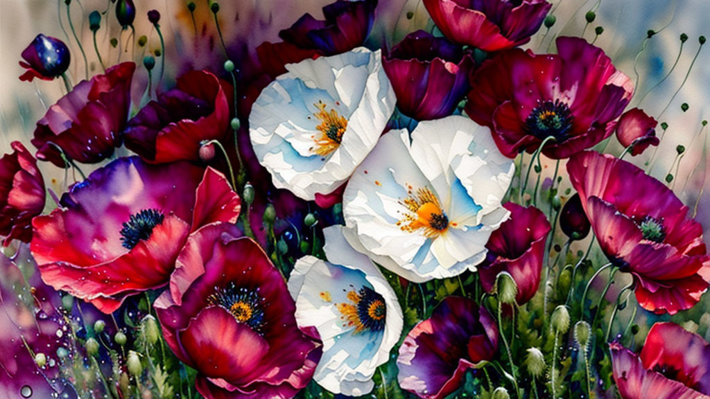 Colorful Watercolor Painting of Red and White Poppies on Blue Background