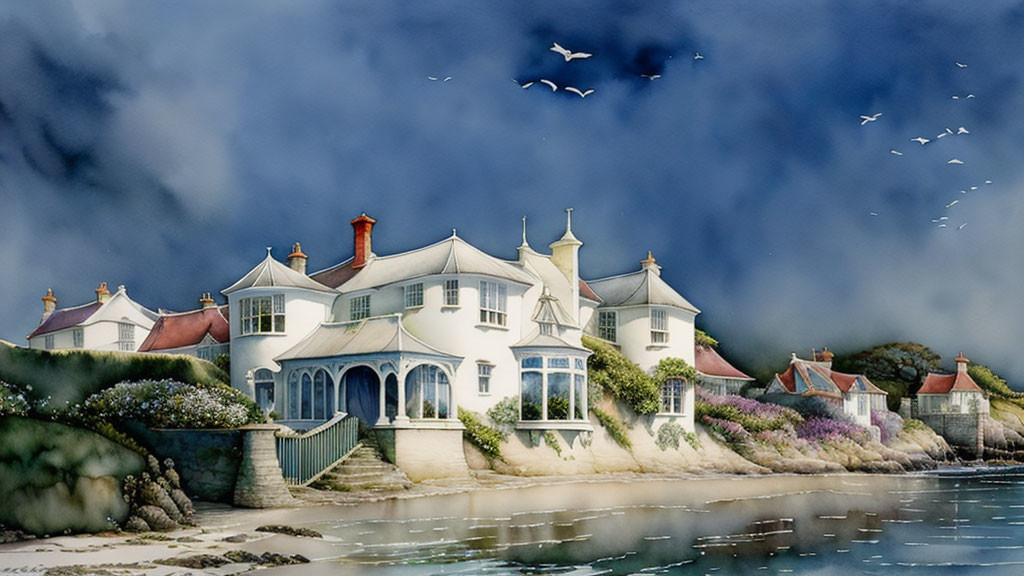 Coastal Houses with Red Roofs and Conservatory under Dramatic Sky