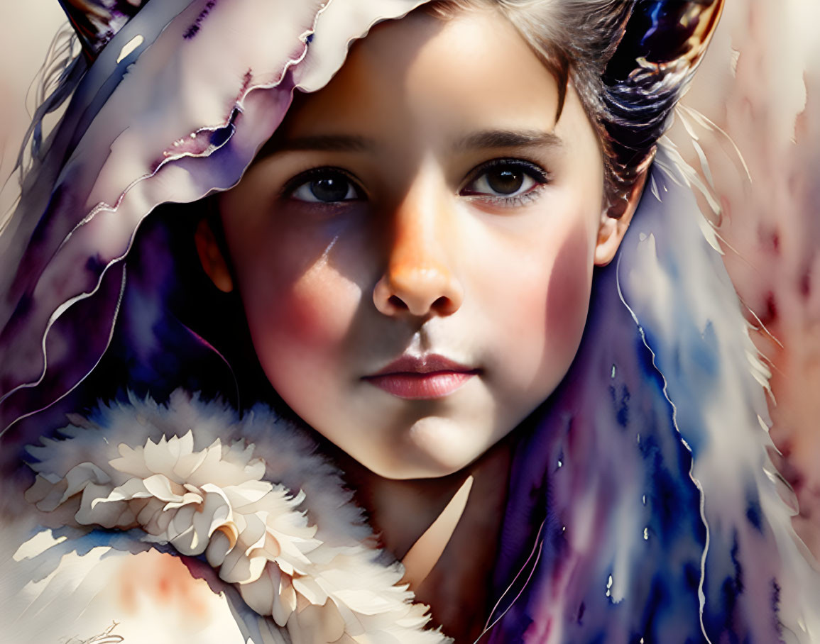 Young girl in white cloak with horn-like hair adornments - digital painting