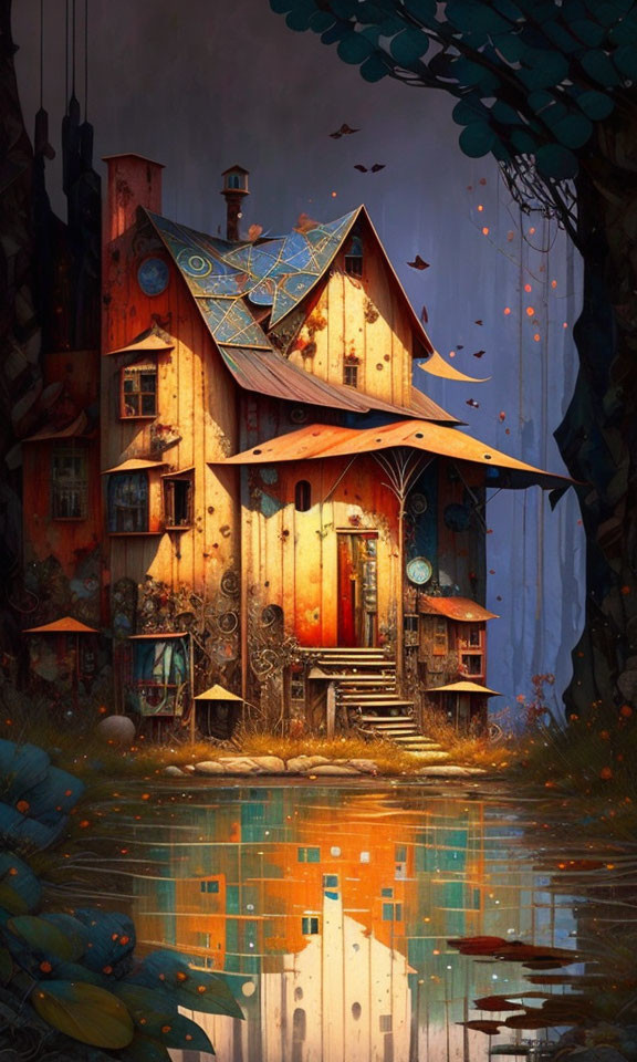 Rustic house illustration surrounded by nature and water