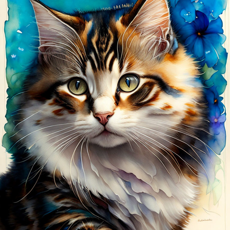 Detailed digital artwork: Fluffy tabby cat with green eyes and blue flowers.