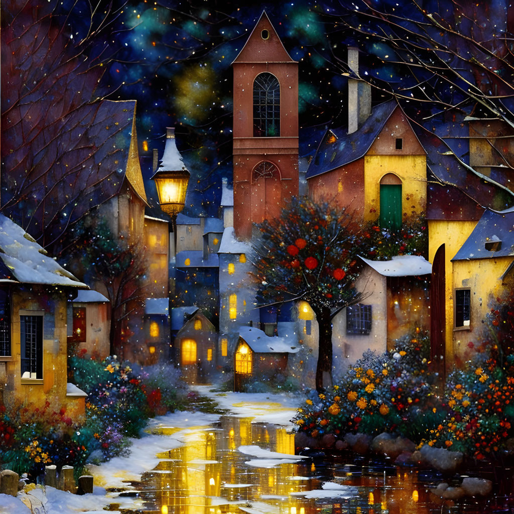 Snowy evening village scene with warmly lit houses and church under vibrant sky.