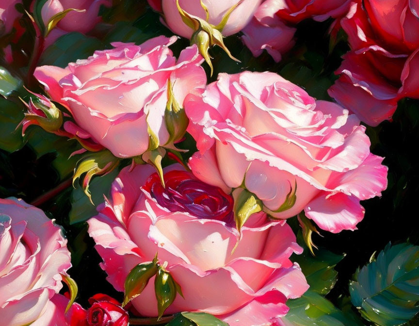 Close-up of vibrant pink roses with red hints and dark green foliage under bright lighting