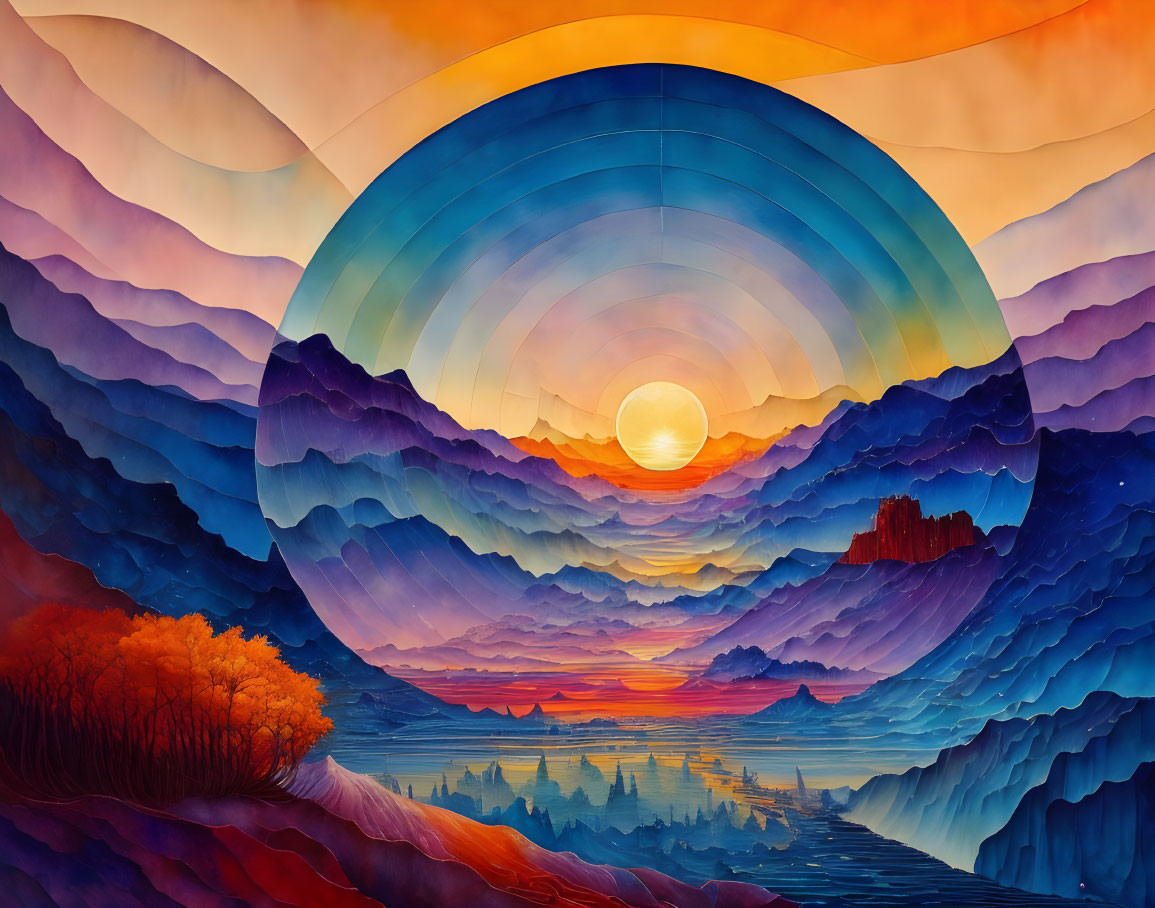 Colorful landscape painting with layered hills and stylized sunset.