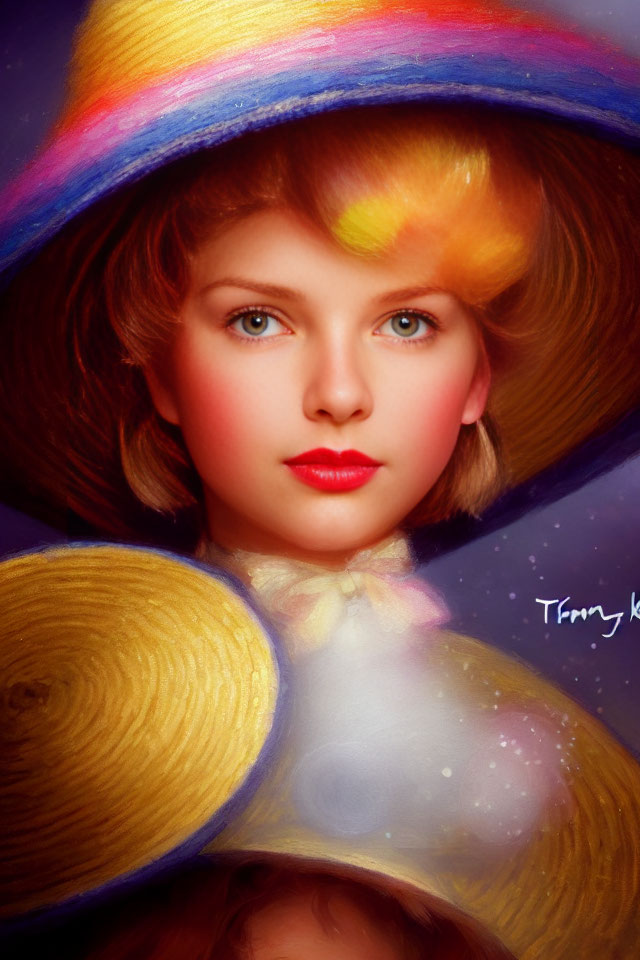 Young woman with blue eyes and red lips in colorful wide-brimmed hat against cosmic background