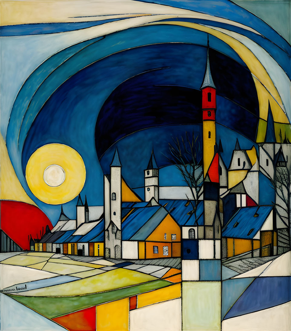 Abstract village painting with geometric shapes and bold lines