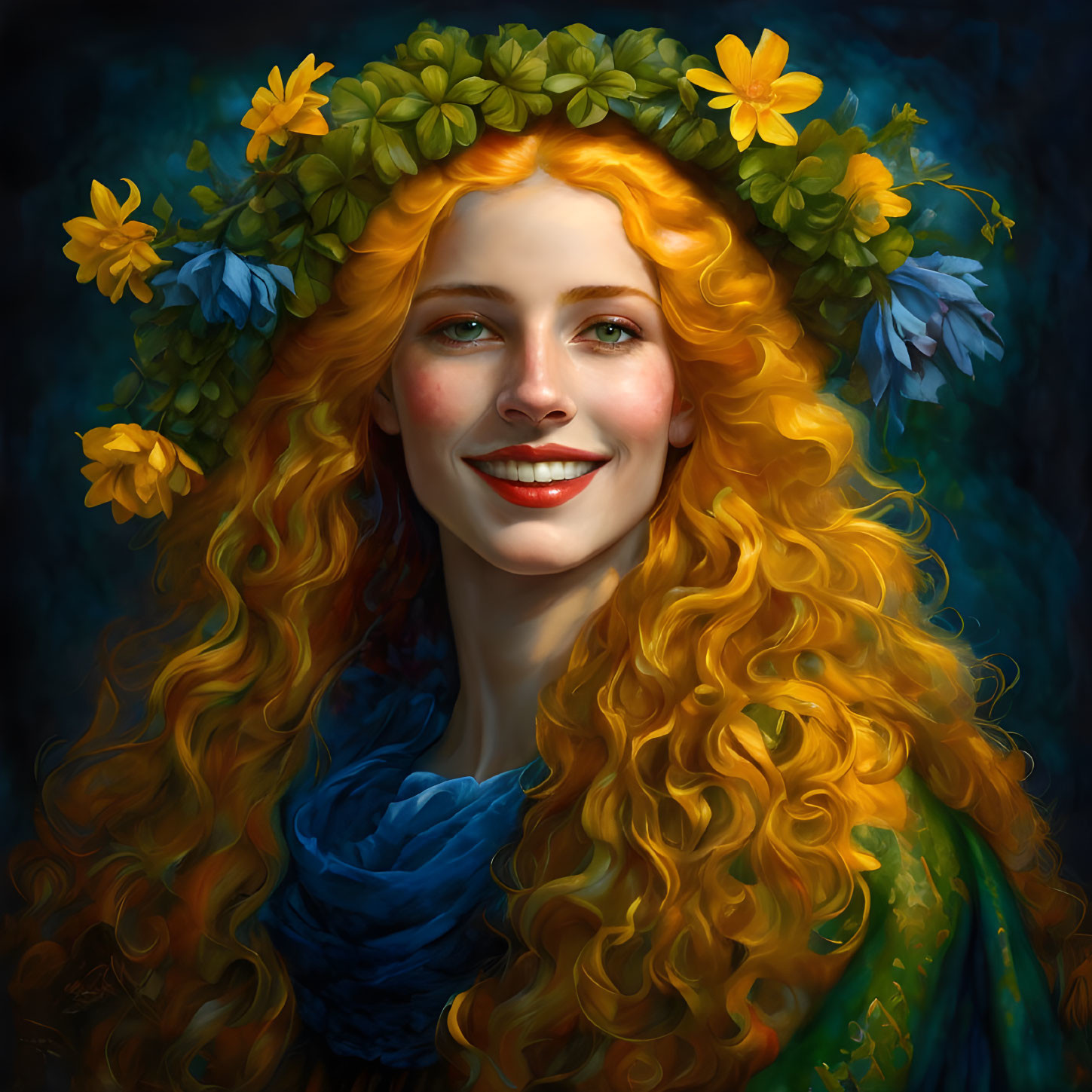 Smiling woman with red hair in floral wreath on dark background