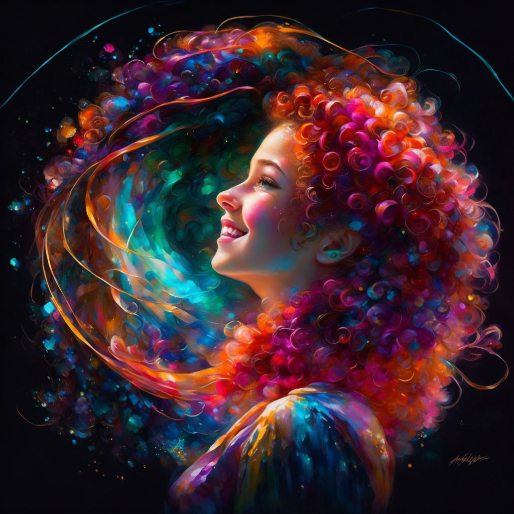 Vibrant digital art: Woman with red curly hair in cosmic universe.