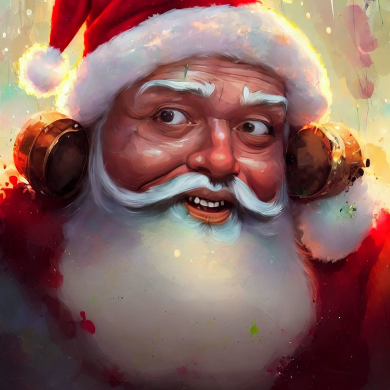 Close-up of Santa Claus with white beard and Santa hat against colorful background