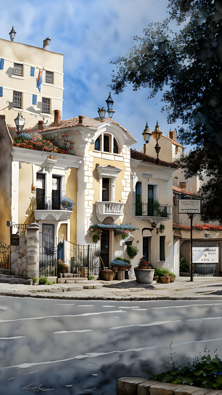 Traditional European Street Scene with Cobblestone Pavement and Blue Sky