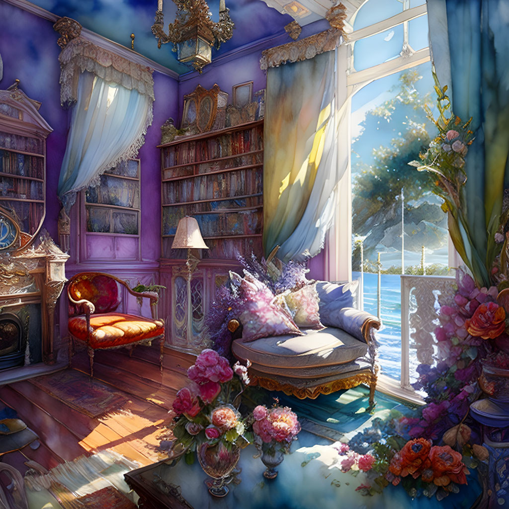 Sunlit room with elegant furniture, overflowing bookshelves, vibrant flowers, serene landscape.