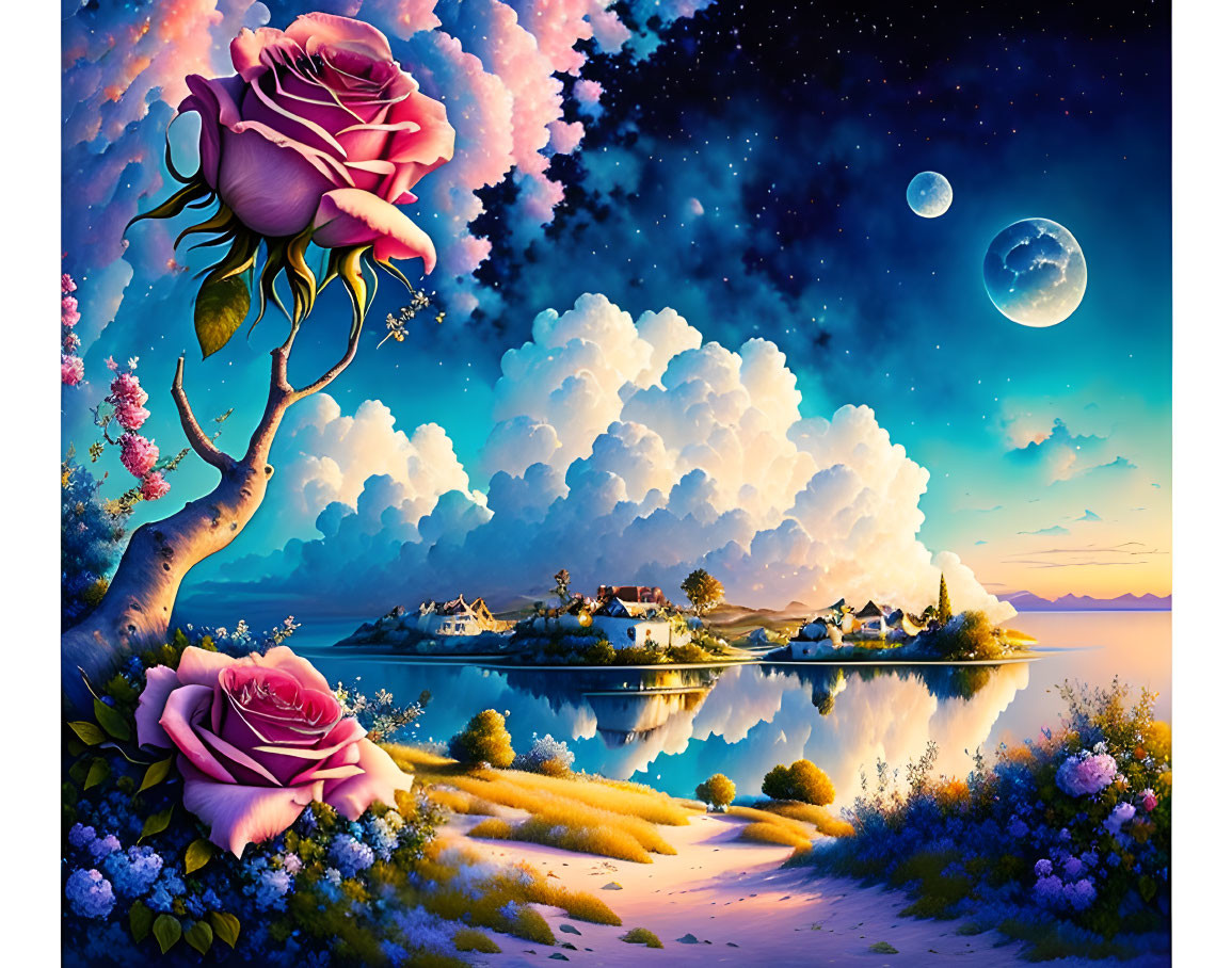 Whimsical dusk landscape with pink rose, island village, fluffy clouds, starry sky.