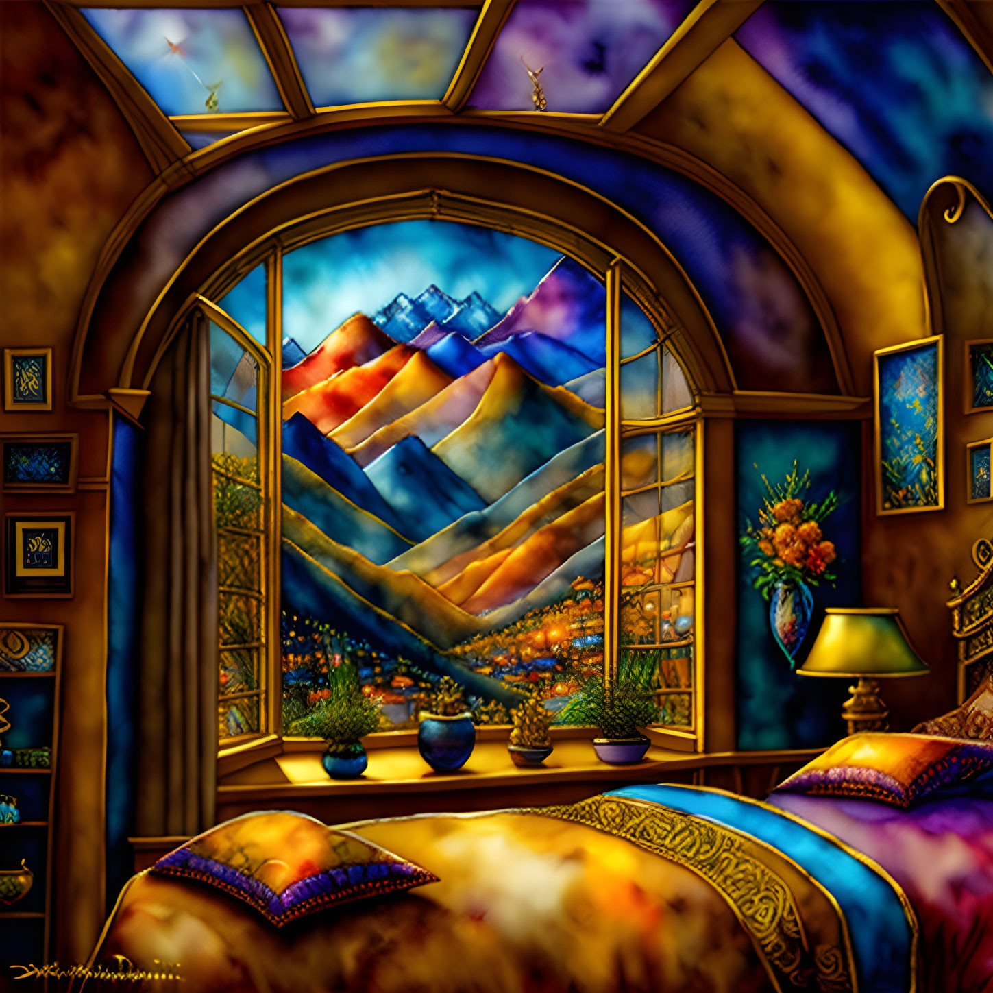 Room with large window, mountain view, vibrant art, plants, lamp, colorful bed linens.