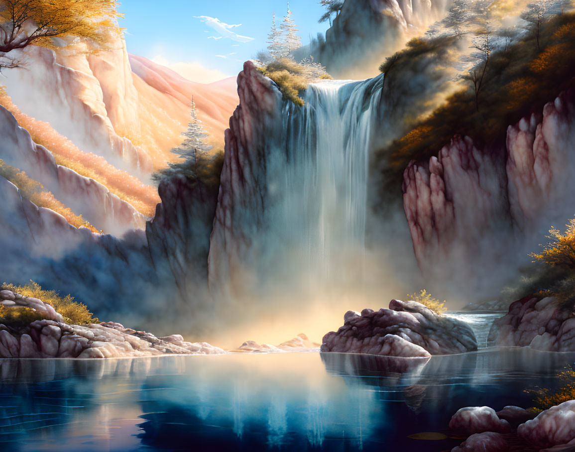 Majestic waterfall cascading into tranquil blue lake amid autumn scenery