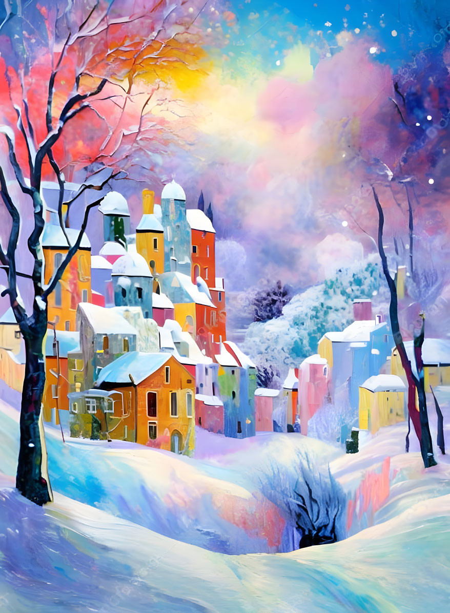 Vibrant Snowy Village Painting with Colorful Houses & Trees