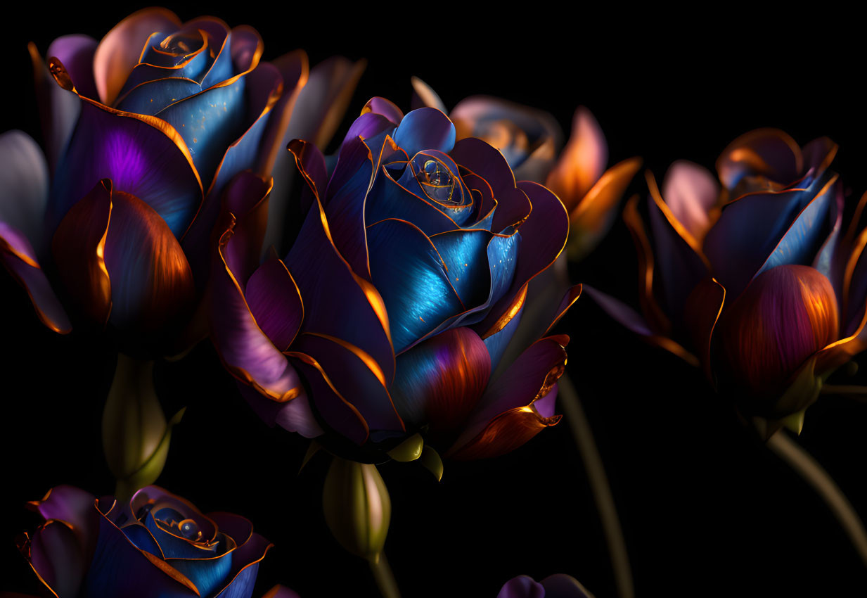 Metallic blue and copper stylized roses on dark background