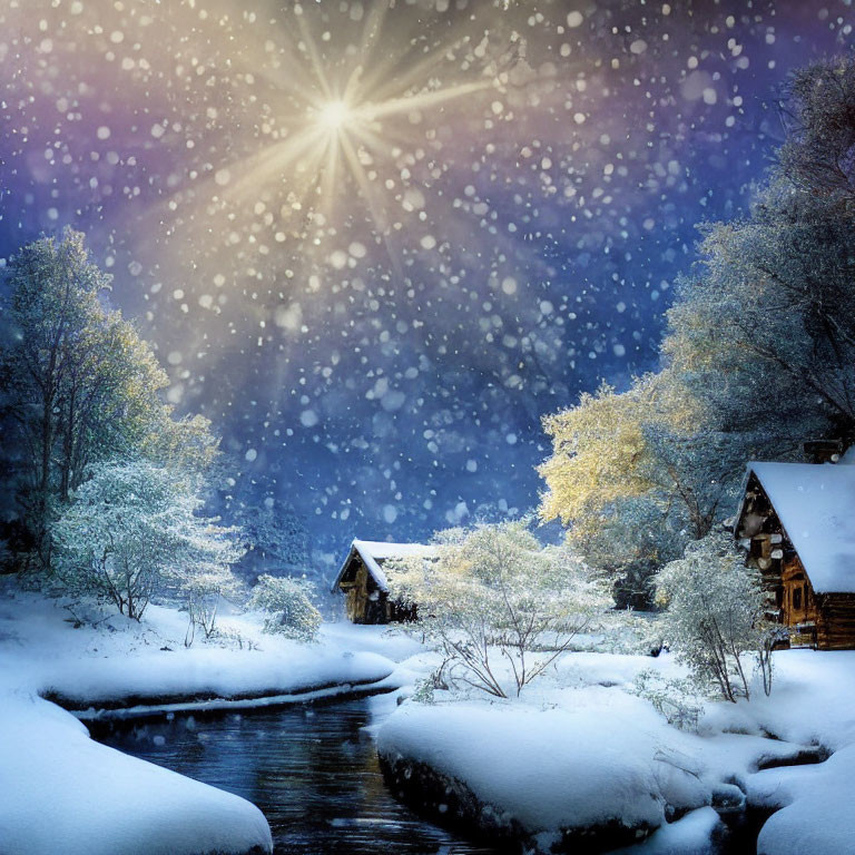 Snow-covered trees, stream, and cabins under starry sky in serene winter scene