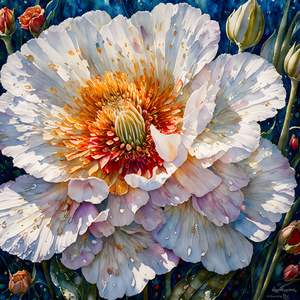 Detailed close-up painting of white and orange flower on dark background