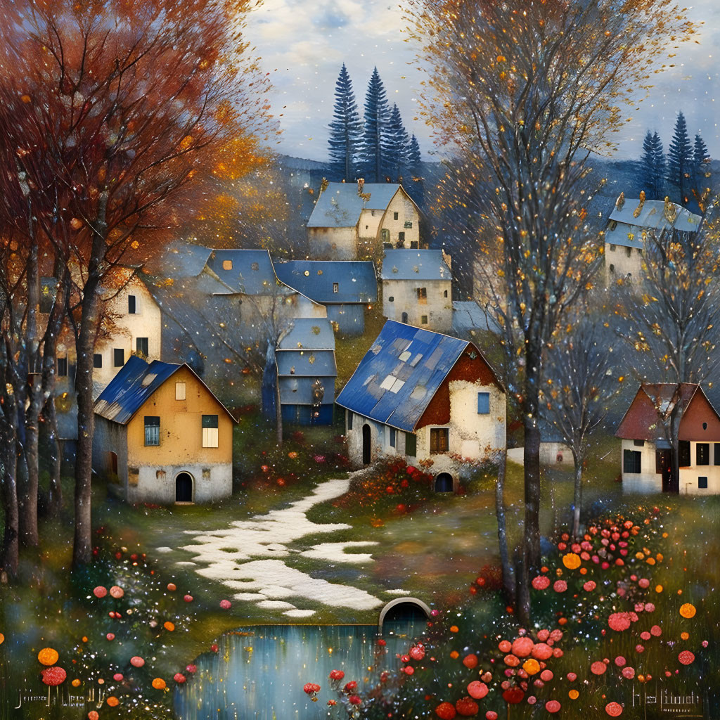 Colorful Autumn Village Scene with Lake and Meandering Path