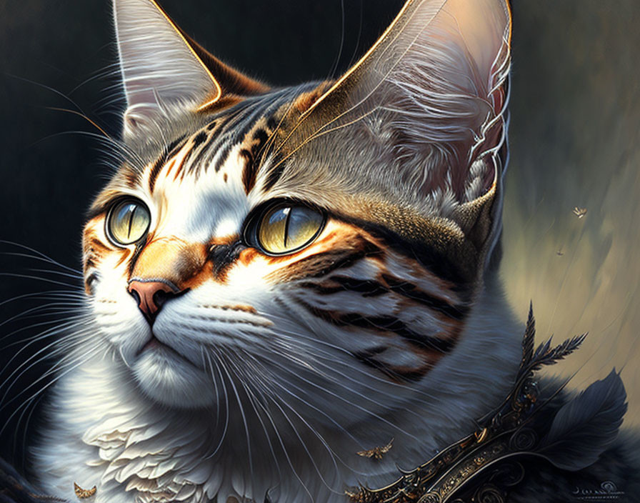 Majestic cat in ornate armor with striking eyes