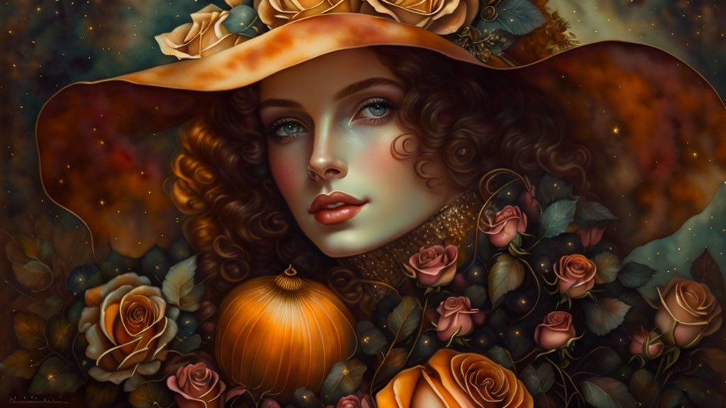 Stylized portrait of woman with blue eyes and floral hat surrounded by roses.