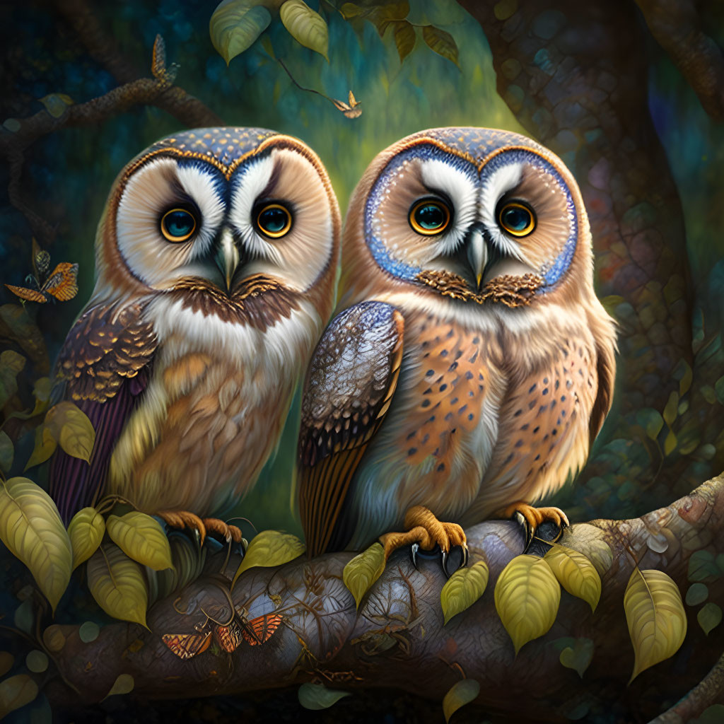 Colorful Owls with Striking Eyes in Lush Forest Scene