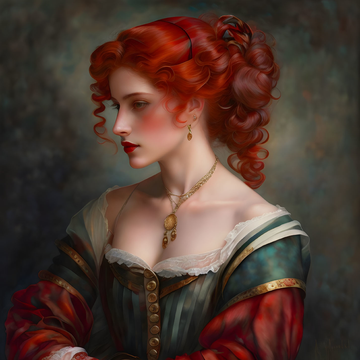 Red-haired woman in intricate updo wearing renaissance dress gazes sideways