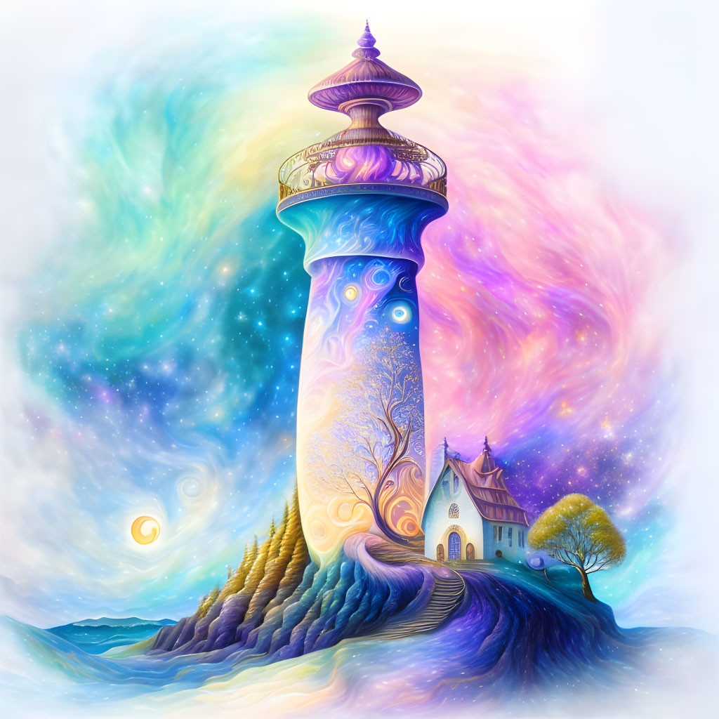 Colorful painting of tall lighthouse and house under cosmic sky