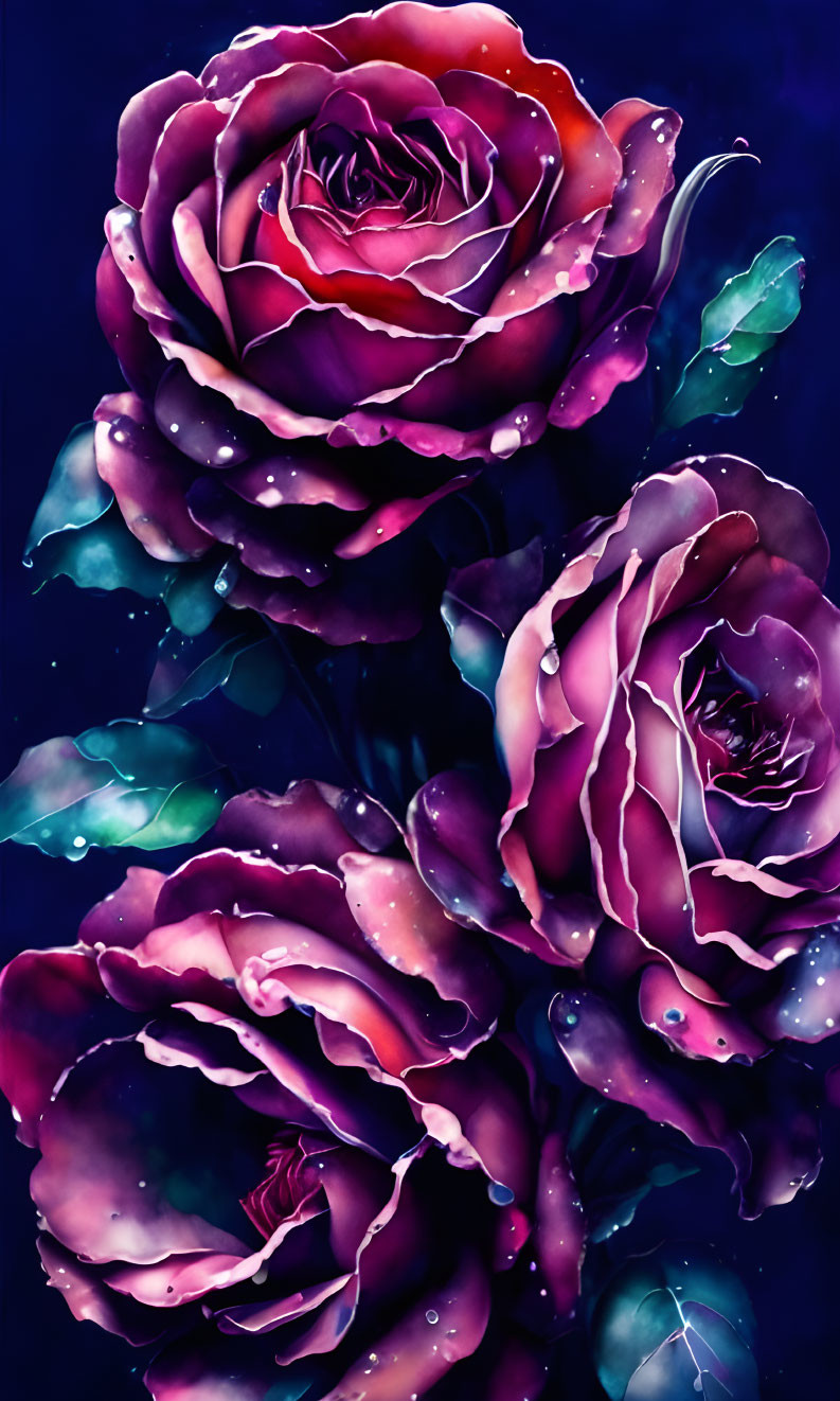 Colorful digital artwork: Three cosmic roses on gradient from purple to crimson with white star speckles