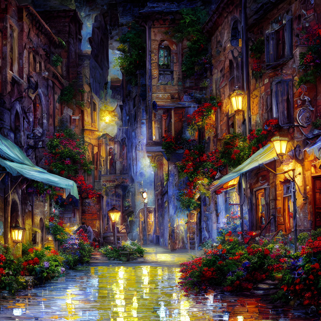 Vibrant flowers and glowing streetlamps on rain-soaked cobblestone alley