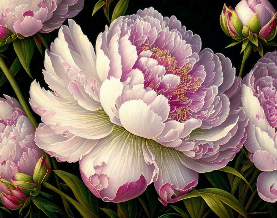 Colorful Cluster of Blooming Peonies on Dark Background